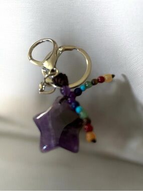 Star Amethyst Keychain with Multicolor Bead Cross